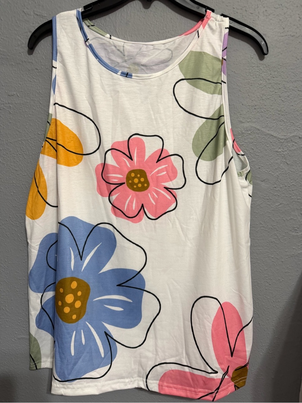 Floral Sleeveless Tank Top - White with Pink, Blue & Yellow Blooms size XL